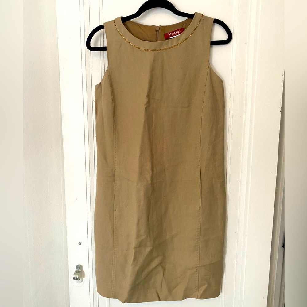 Max Mara Studio Camel linen blend Shift Dress with POCKETS M. Size missing